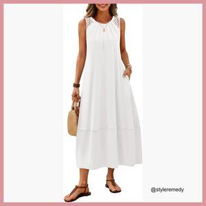 Cotton Maxi Dress with Lace Trim, Sleeveless Boho Summer Sundress